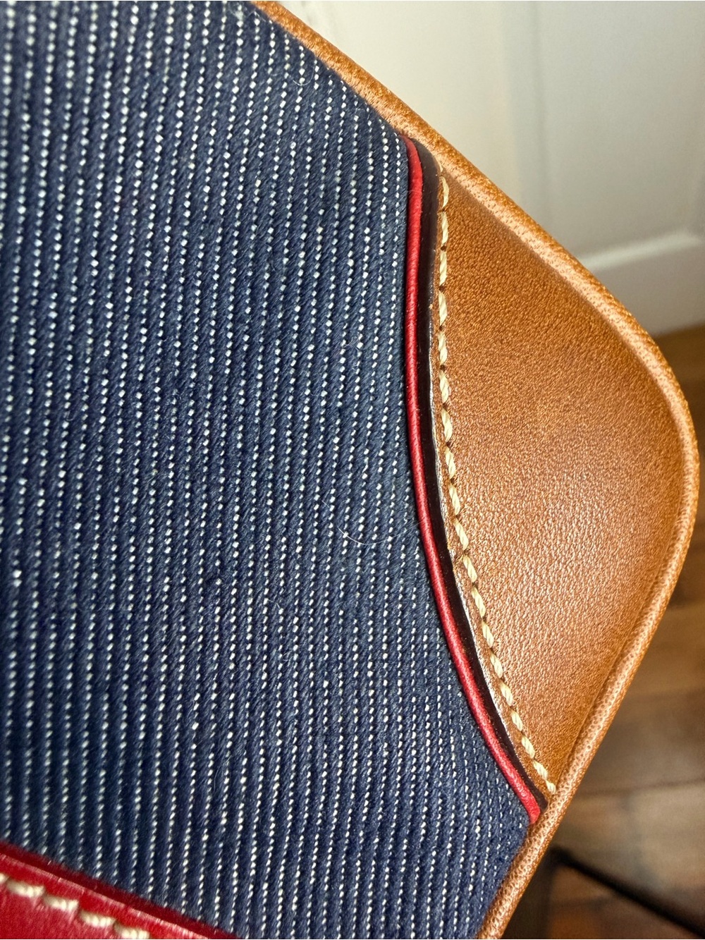 Coach Denim Wristlet with Tan Leather and Red Stripe Y2K - Picture 9 of 10